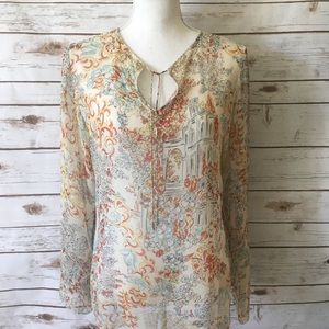 CAbi Silk beaded semi sheer print tunic